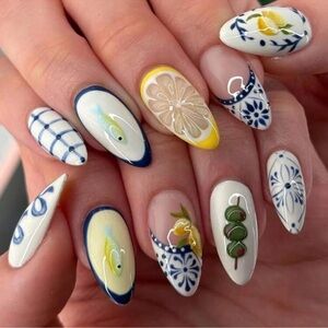24pcs/Set French Almond Shaped 3D Gel Nail Stickers, Lemon, Cute Fish, Blue